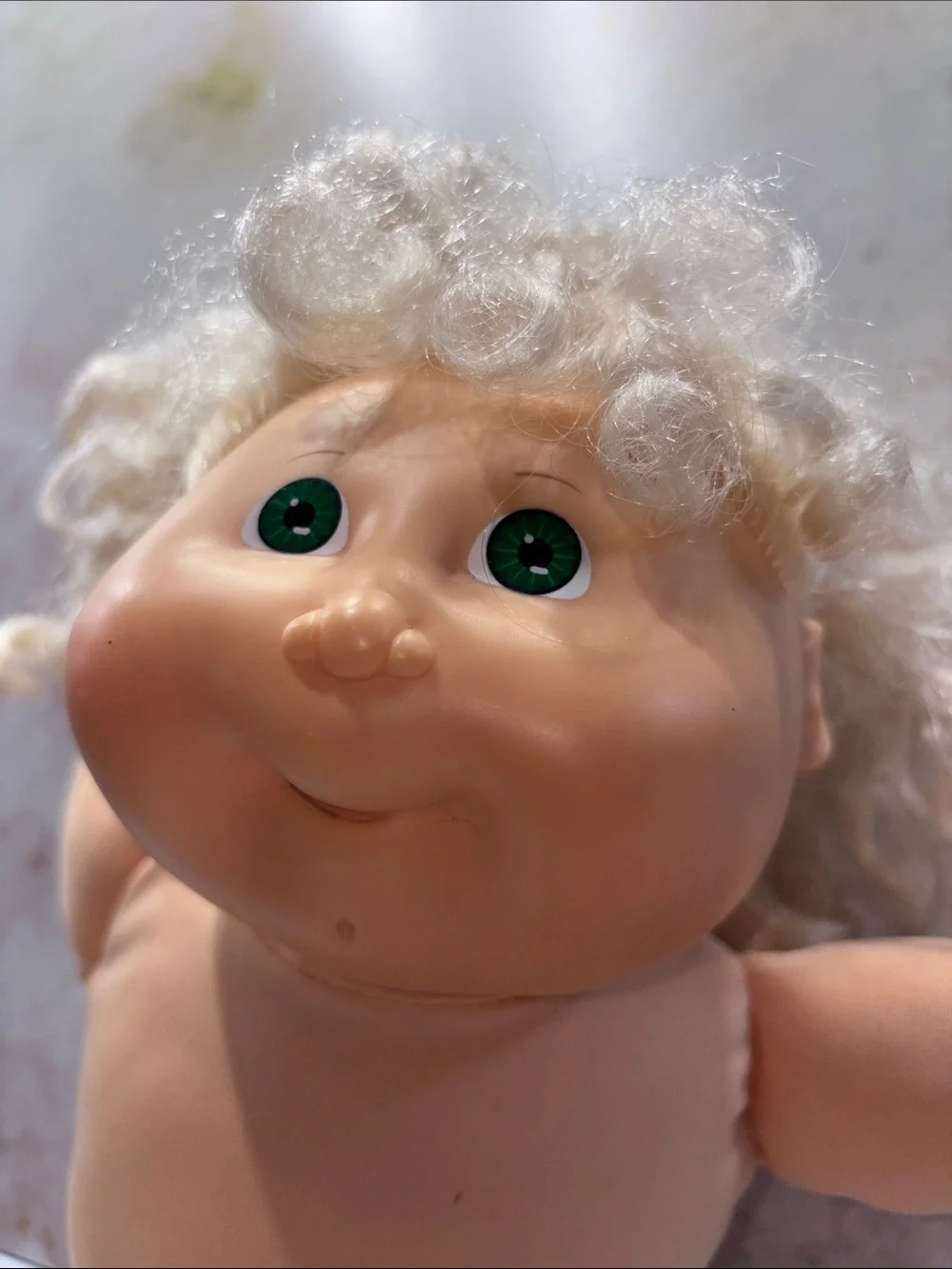 1990s Cabbage Patch cornsilk doll green eyes dimple chin purple lace up shoes